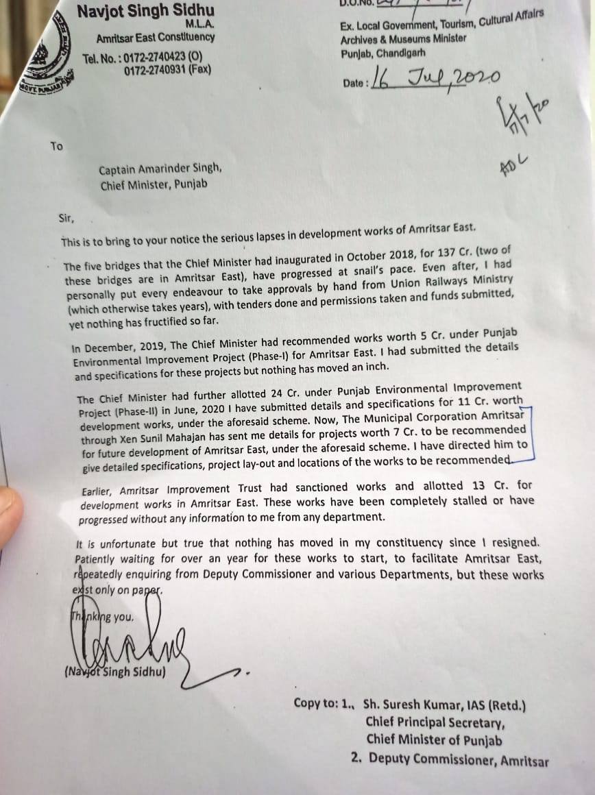 Letter of Navjot Sidhu written to CM